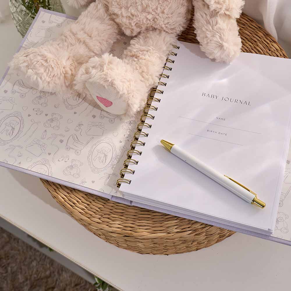 Baby journal with pen and fluffy toy on a wicker stool
