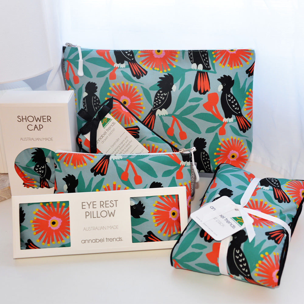 Annabel Trends Black cockatoo cosmetics bags, Eye rest pillow, heat pillow, shower cap and laundry bag