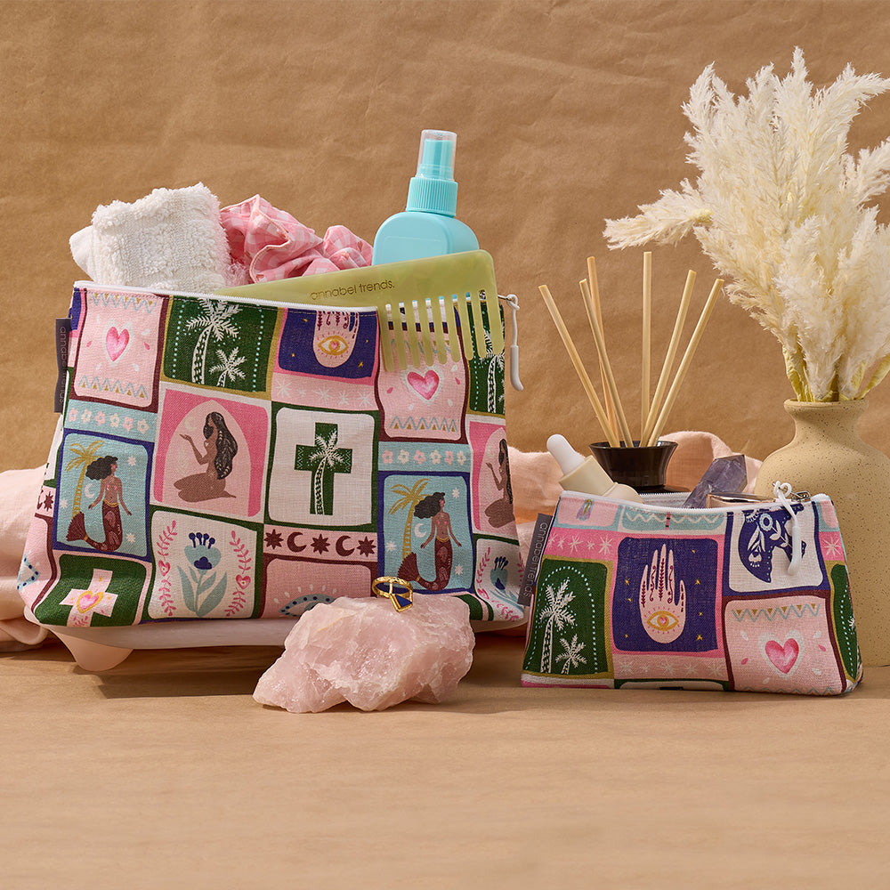 linen cosmetic bags with celestial dreams design with a mix of toiltry bags