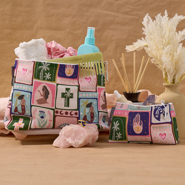 linen cosmetic bags with celestial dreams design with a mix of toiltry bags