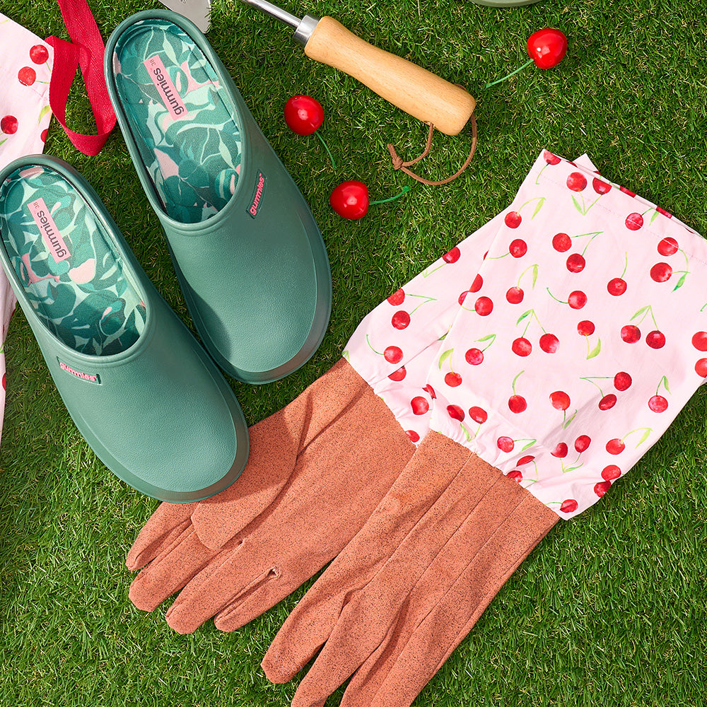 long sleeve garden gloves with pink and cherry design with green gummie garden clogs