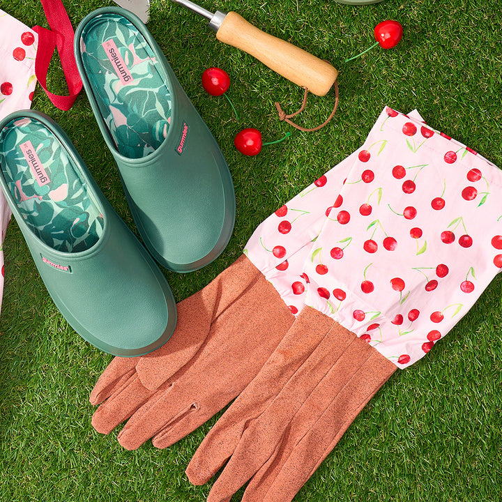 long sleeve garden gloves with pink and cherry design with green gummie garden clogs