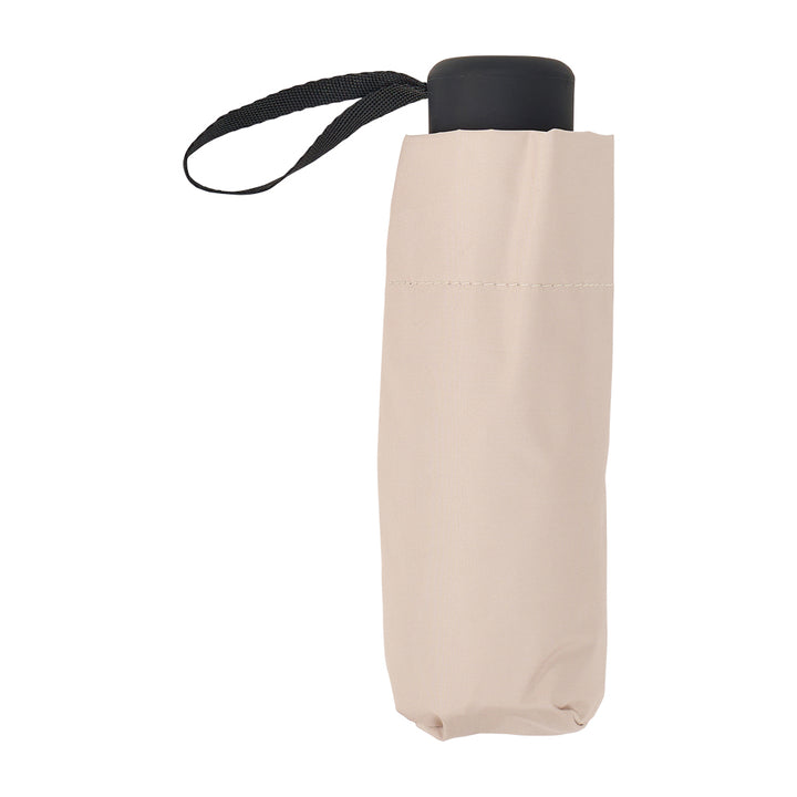 Beige folding umbrella with black handle on a white background