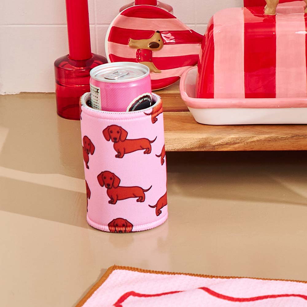 neoprene can cooler with pink dashy print