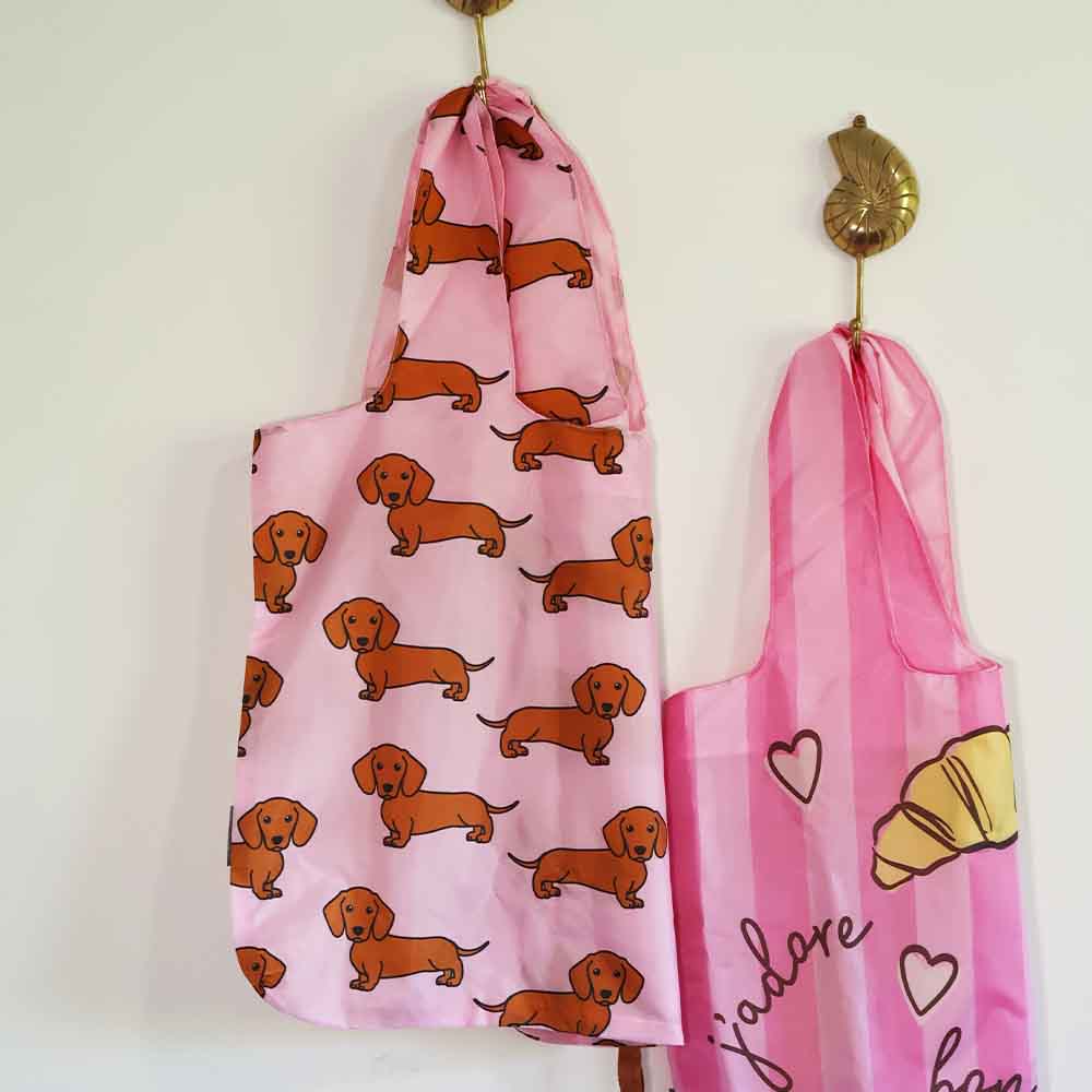 Pink shopping totes with dachshund pattern and  french sweet treats design
