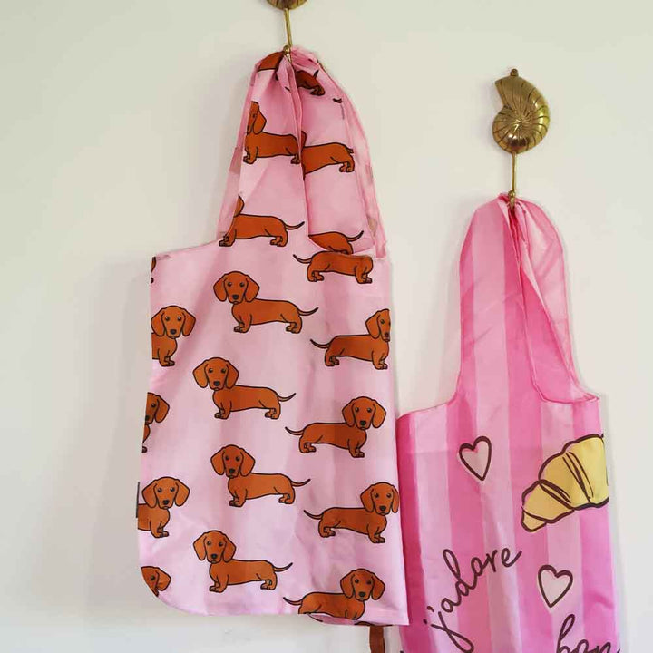 Pink shopping totes with dachshund pattern and  french sweet treats design