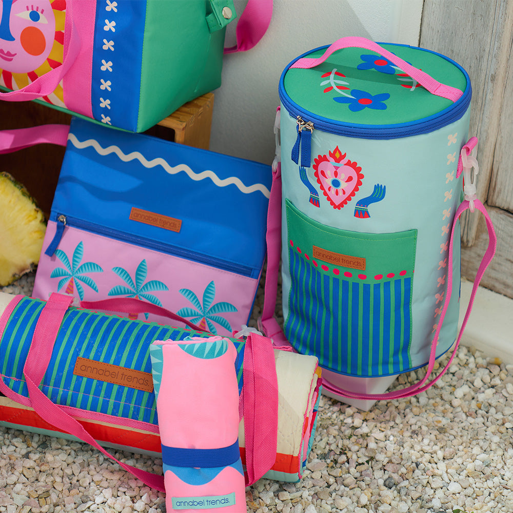 Annabel Trends fiesta picnic cooler barrel bag, beach pouch, picnic mat and sand free towel