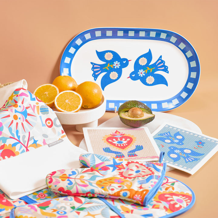 fiesta ceramic platter and kitchen cotton linens range