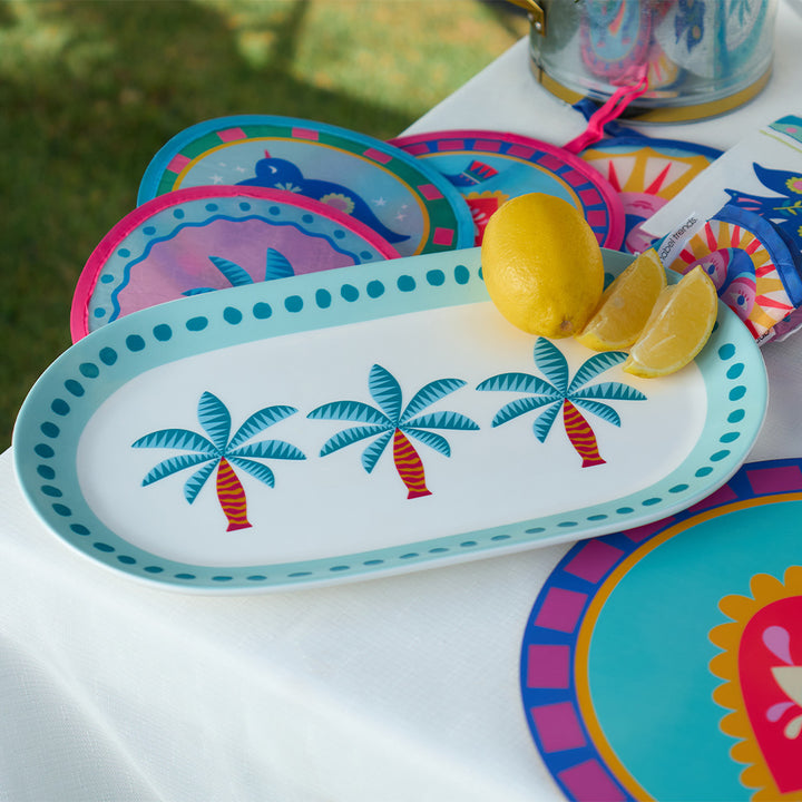 Annabel Trends Fiesta table setting with fiesta serving platter, placemats, twist fans