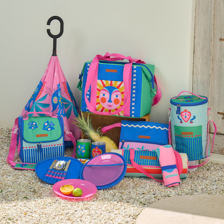 Annabel Trends fiesta picnic range, cutlery set, picnic bags, lunch bag, picnic mat, beach pouch, sand free beach towel, tumblers and reverse umbrella