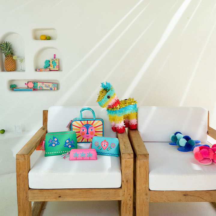 Annabel Trends Colourful Fiesta Design Vanity Bag featuring a big sun smiley face, mexican hearts, birds and palm trees