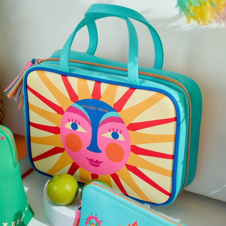 Colourful Fiesta Vanity Toiletry bag with a big Sun face on front
