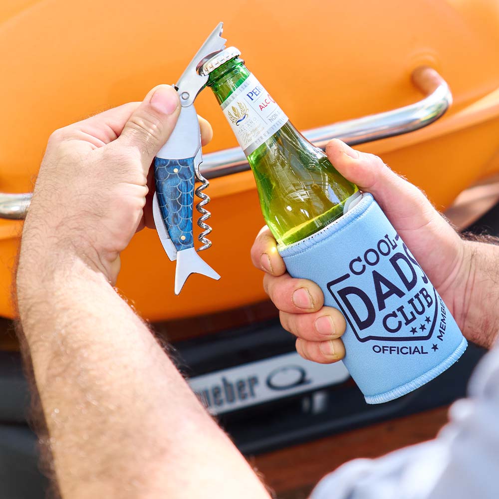 fish shaped bottle opener/waiters friends and blue can cooler with cool dad club print