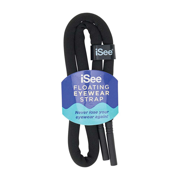 Black eyewear strap with iSee branding on a white background