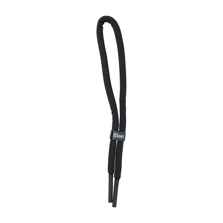 Black camera strap with 'iSee' branding on a white background