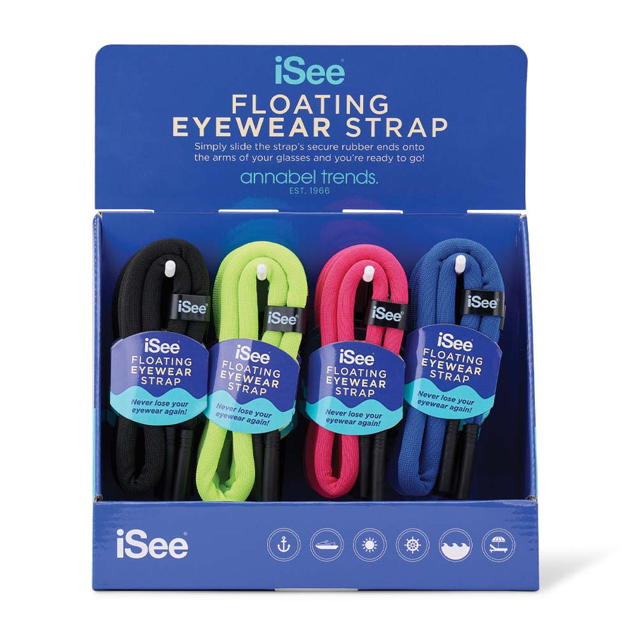 Packaging of iSee floating eyewear straps in various colors with a blue background.
