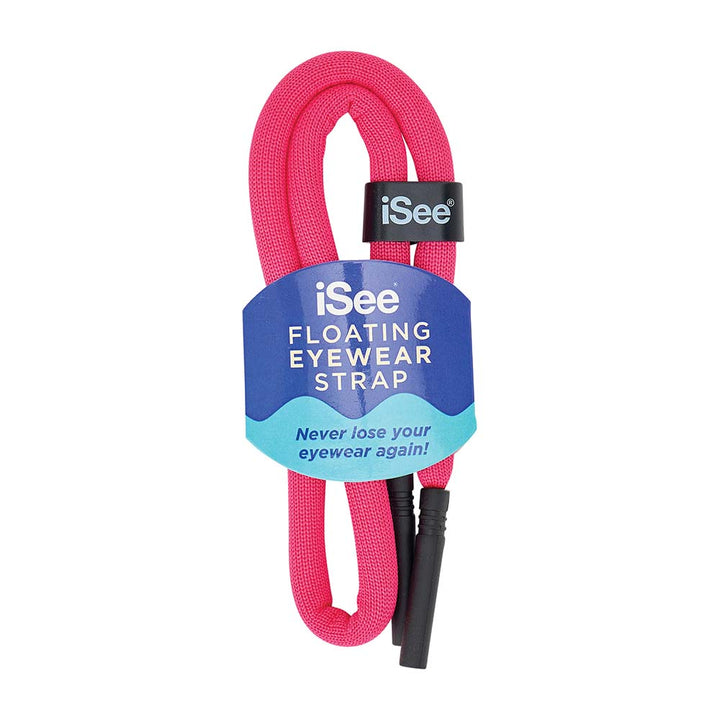 Pink eyewear strap with 'iSee' label on a white background