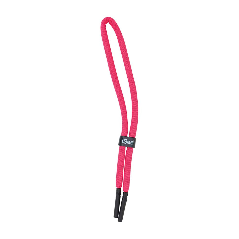 Pink lanyard with black ends and a visible brand logo on a white background