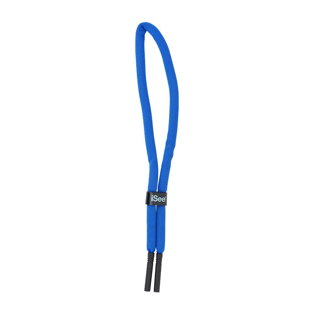 Blue shoelace with black ends on a white background