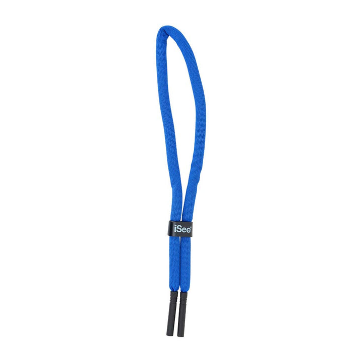 Blue shoelace with black ends on a white background