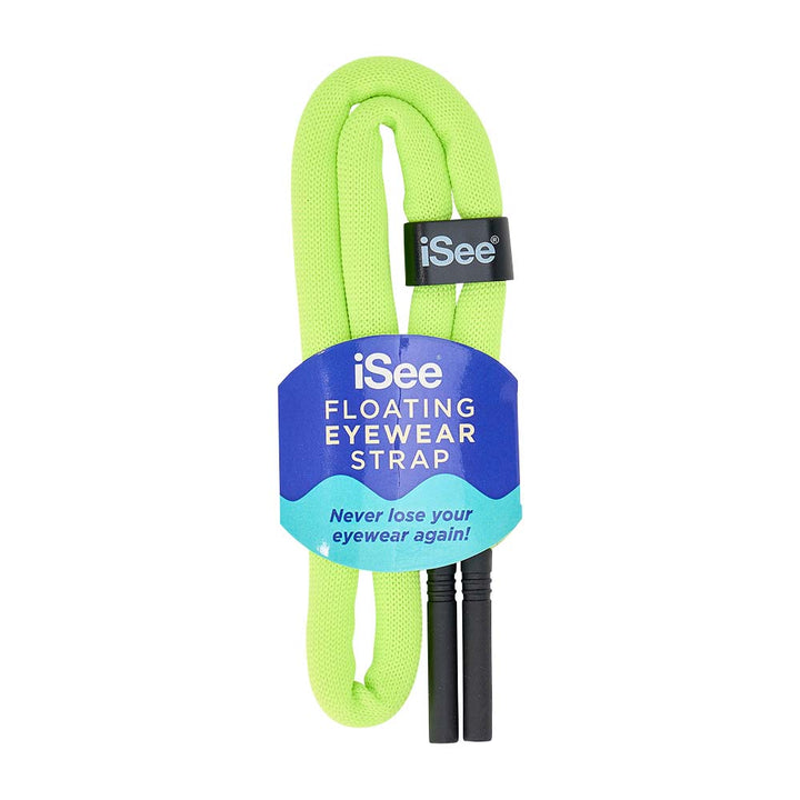 Green eyewear strap with iSee branding on a white background