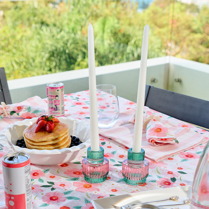 meadow blush linen tablecloth with candles and napkins