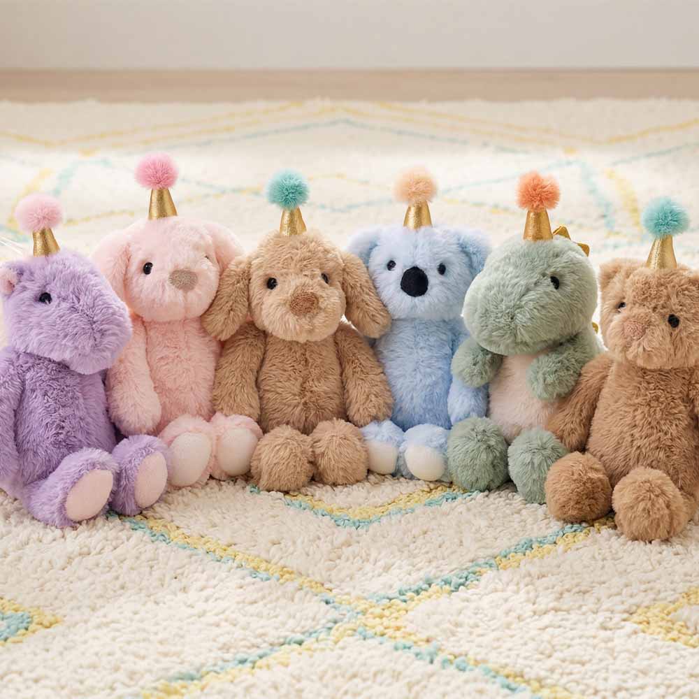 Colorful stuffed animals with party hats on a patterned rug