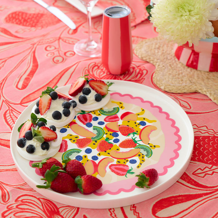Annabel Trends trailing natives linen tablecloth and pavlova serving plate