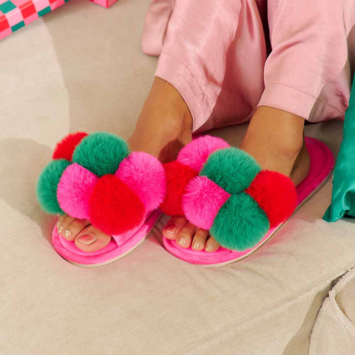 Pom Pom Slippers - Cosy Luxe - Hot Pink Multi