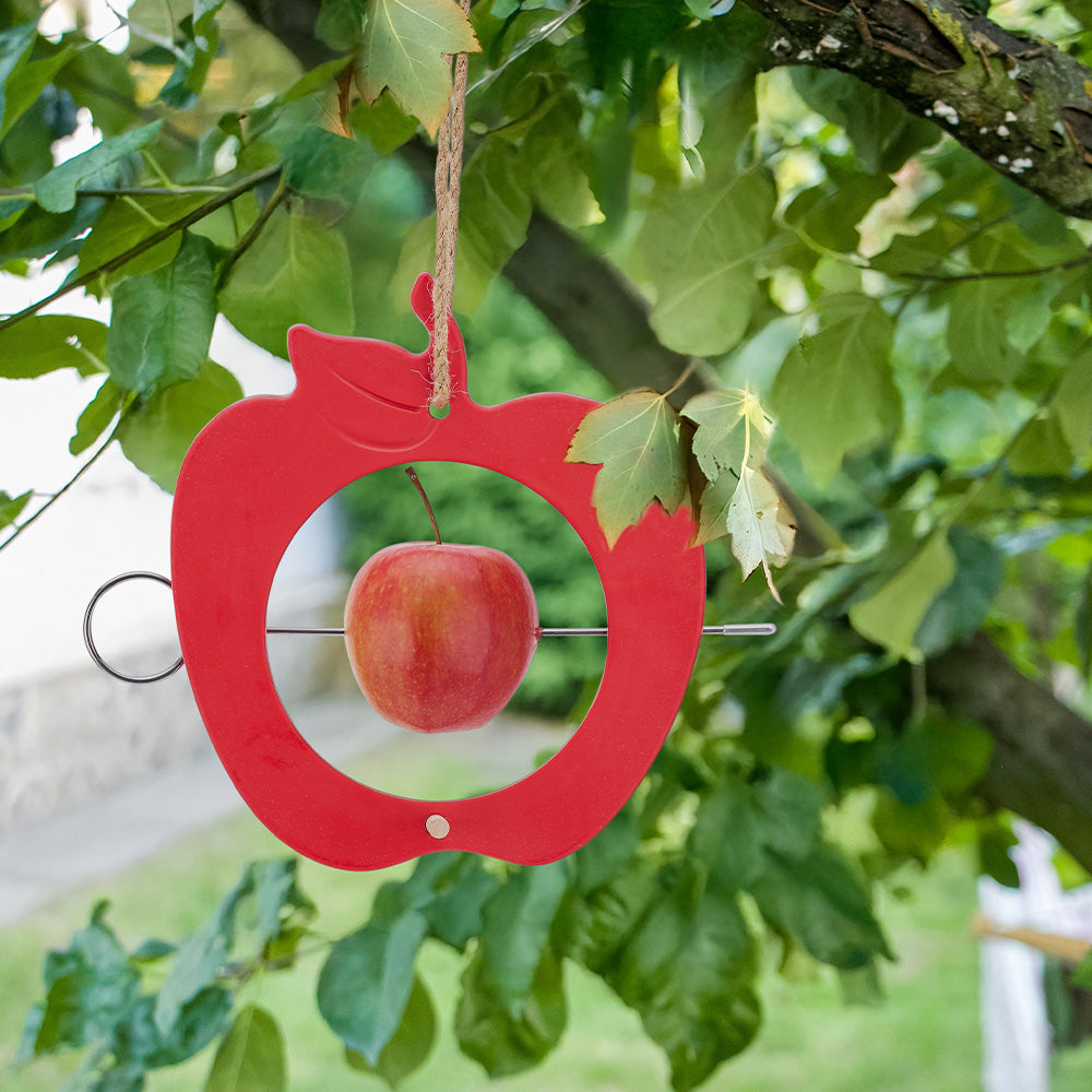 red apple bird feeder with an apple in the centre hanging from tree