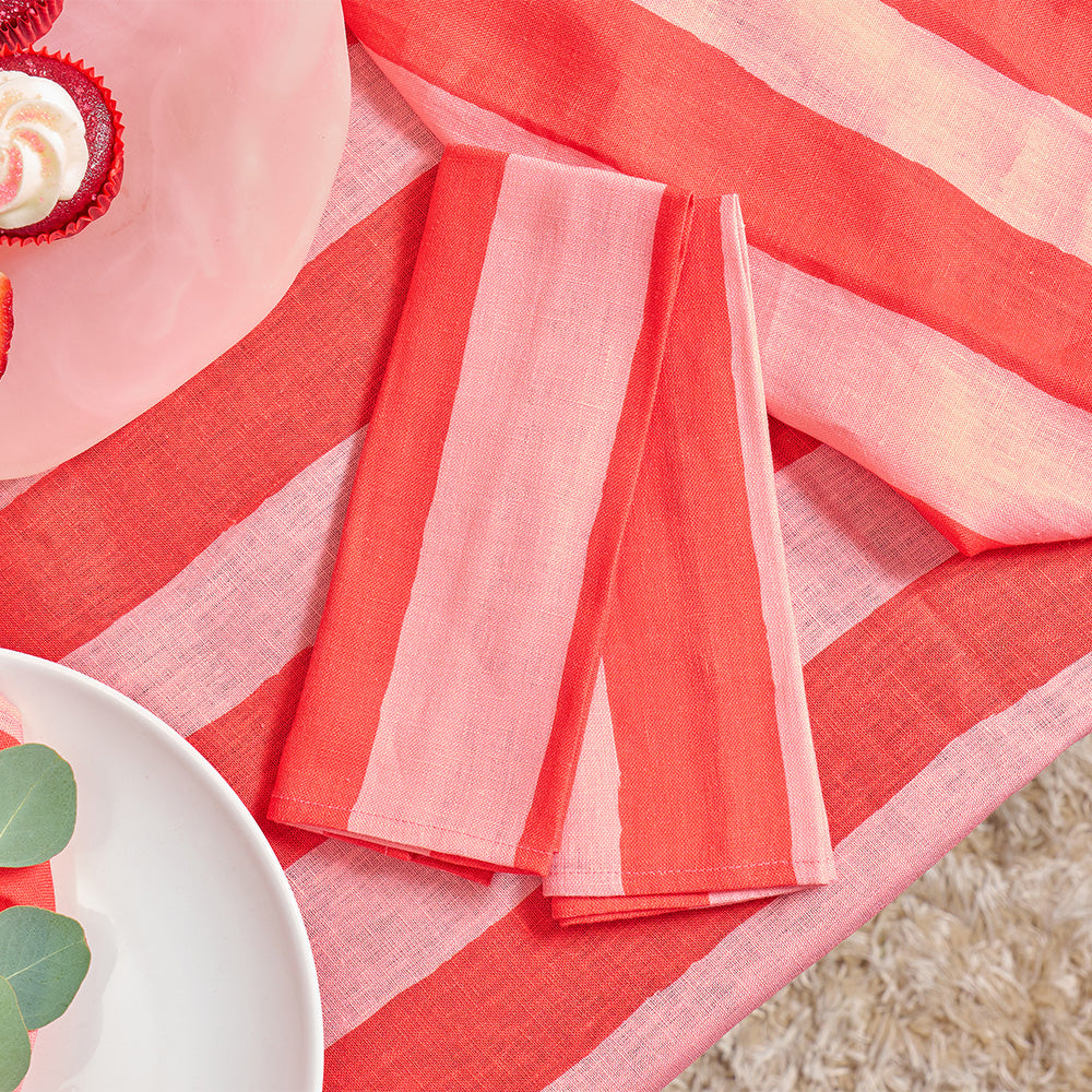 Annabel trends red stripe linen tablecloth and napkins