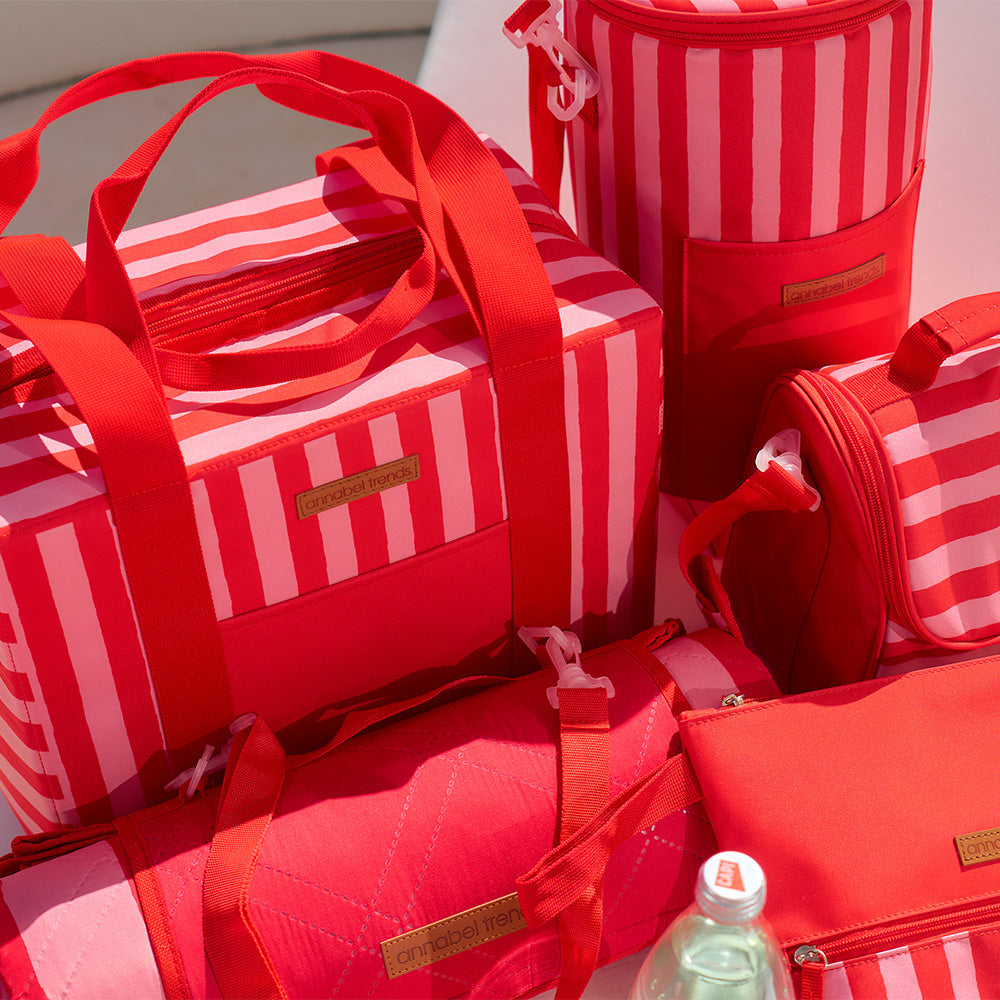 Annabel trends red stripe picnic cutlery set and beach towel, picnic mat, barrel bag, lunch bag