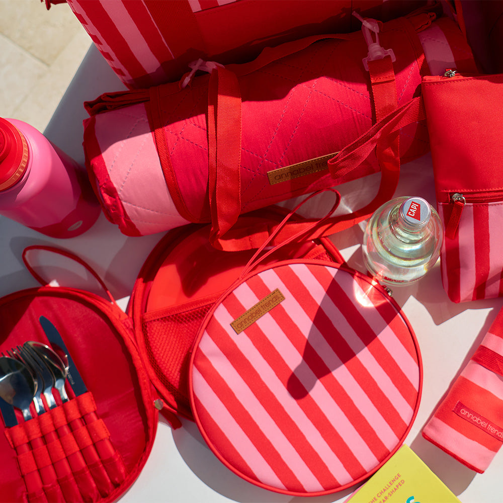 Annabel trends red stripe picnic cutlery set, picnic mat, cooler bags