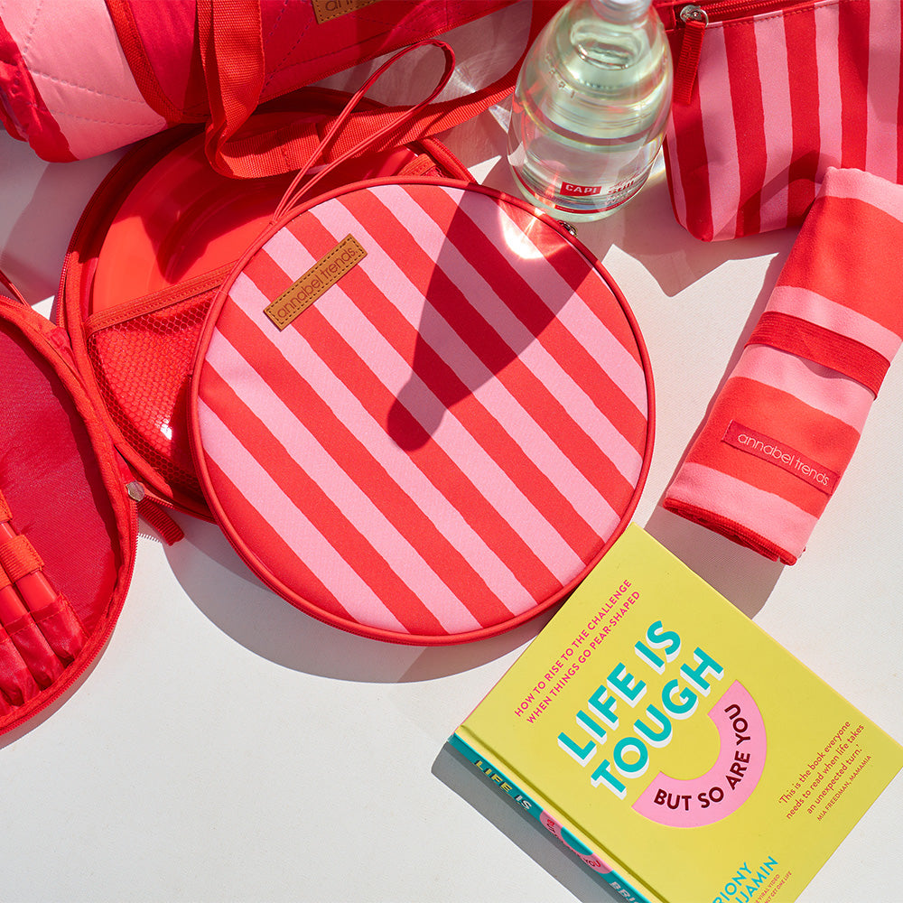 Annabel trends red stripe picnic cutlery set and beach towel