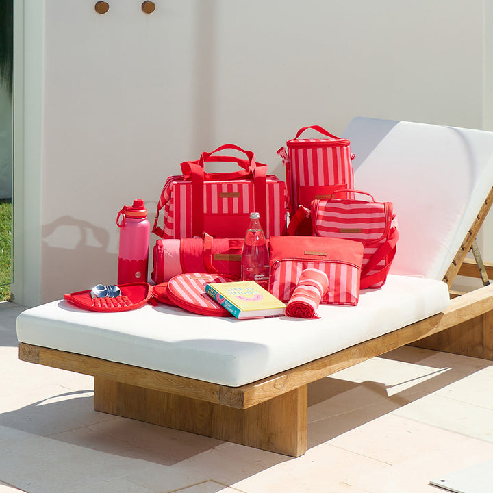 Annabel trends red stripe picnic cutlery set, beach towel, picnic mat, cooler bags, watermate wave series, barrel bag and picnic lunch bag