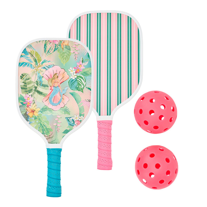 Two pickleball paddles with floral and striped designs and two pink pickleballs on a white background.