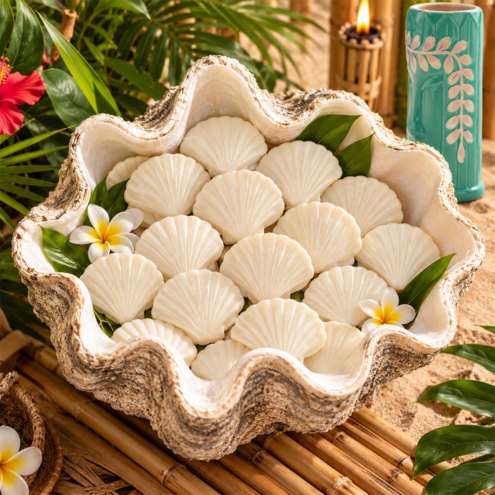 A decorative clam shell bowl filled with white scallop-shaped soaps, styled with tropical leaves, small white-and-yellow flowers, and a bamboo mat in a beach-themed setting.