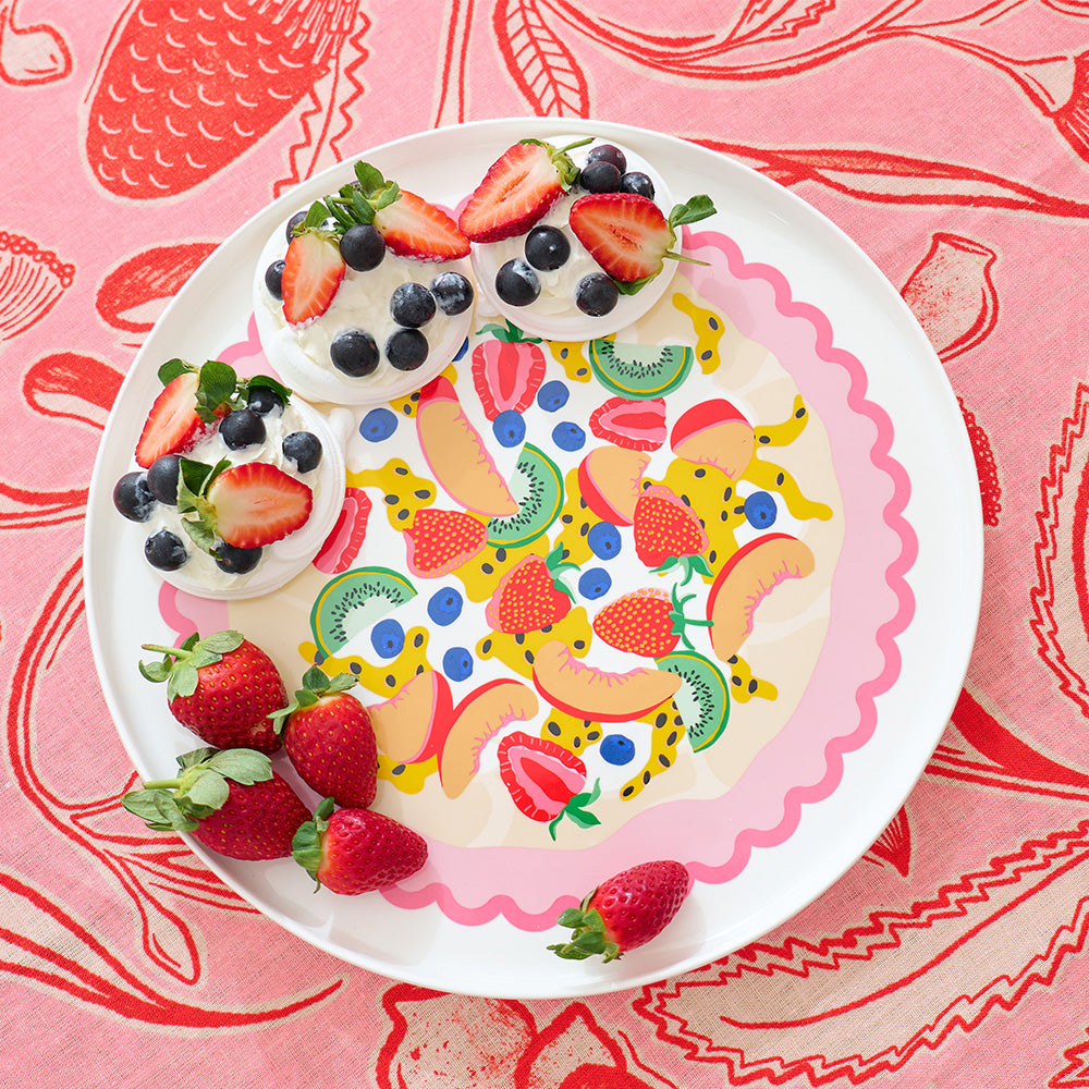 Annabel Trends trailing natives linen tablecloth and pavlova serving plate