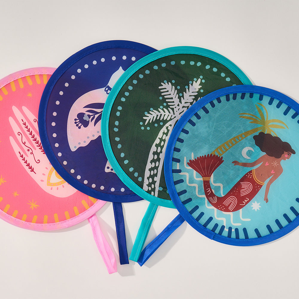 Set of colorful twist fans with mermaid and palm tree designs on a light gray background