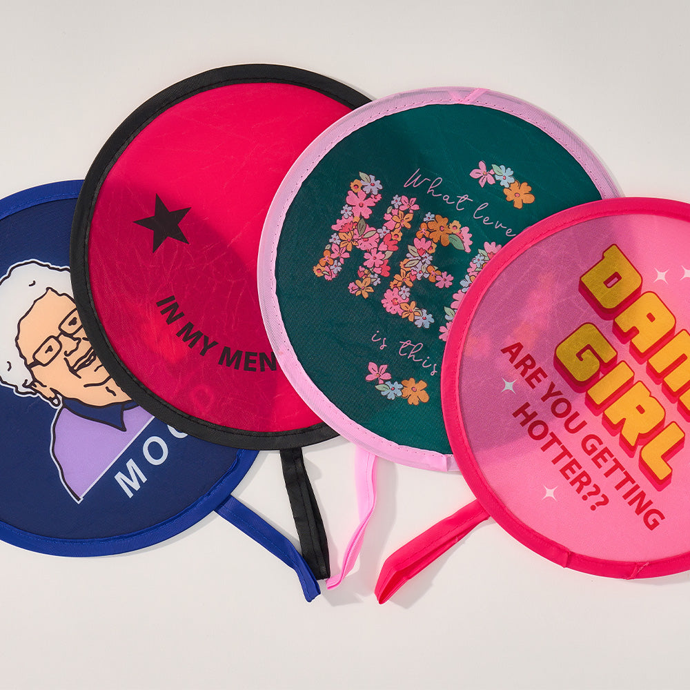 Five colourful twist fan with various designs and text on a white background