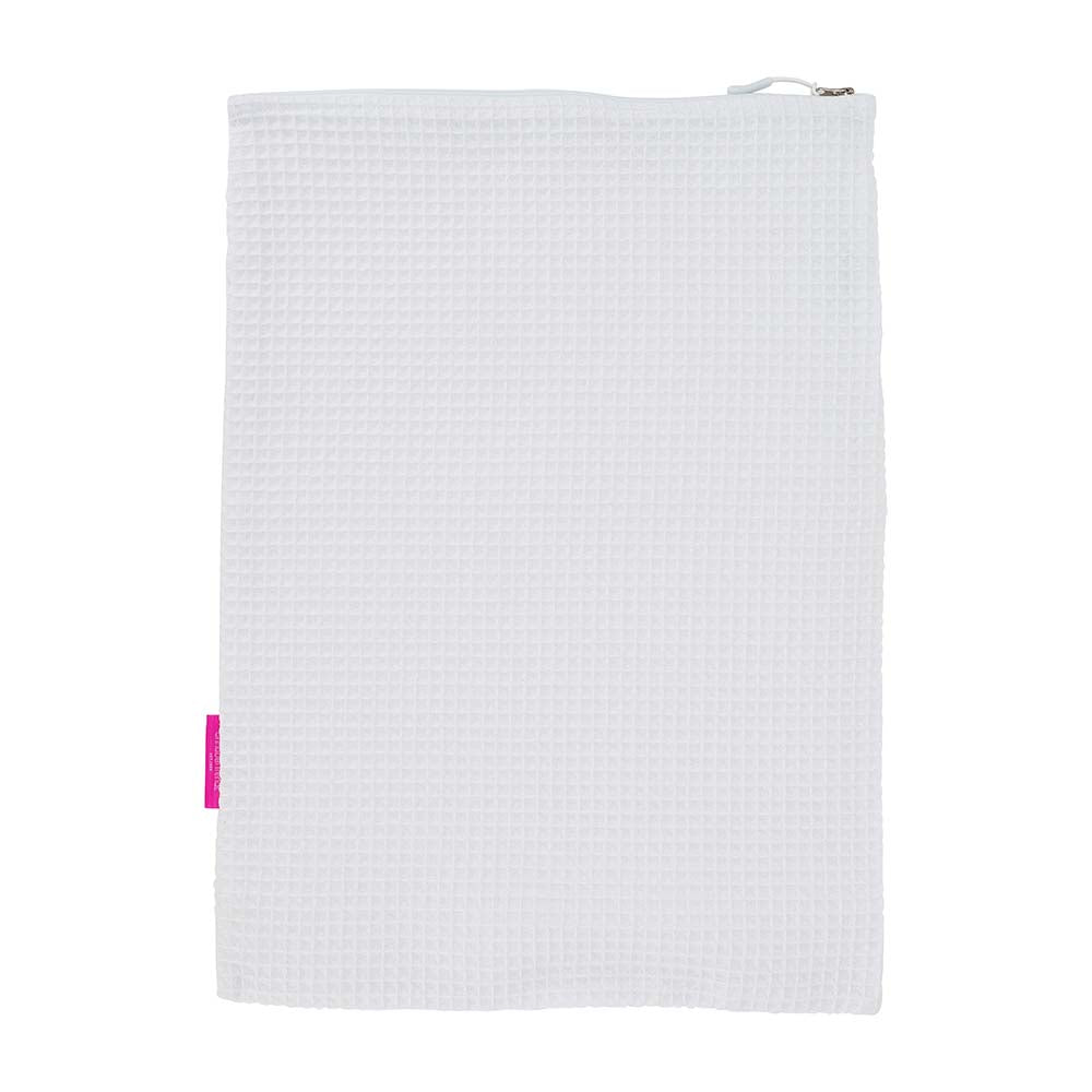 White textured pouch with a white zipper on a white background