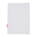 White textured pouch with a white zipper on a white background