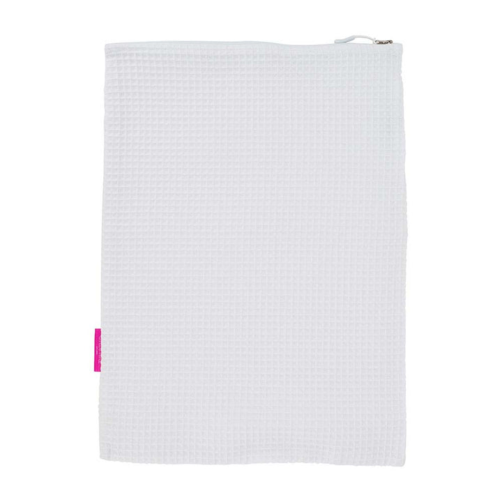 White textured pouch with a white zipper on a white background