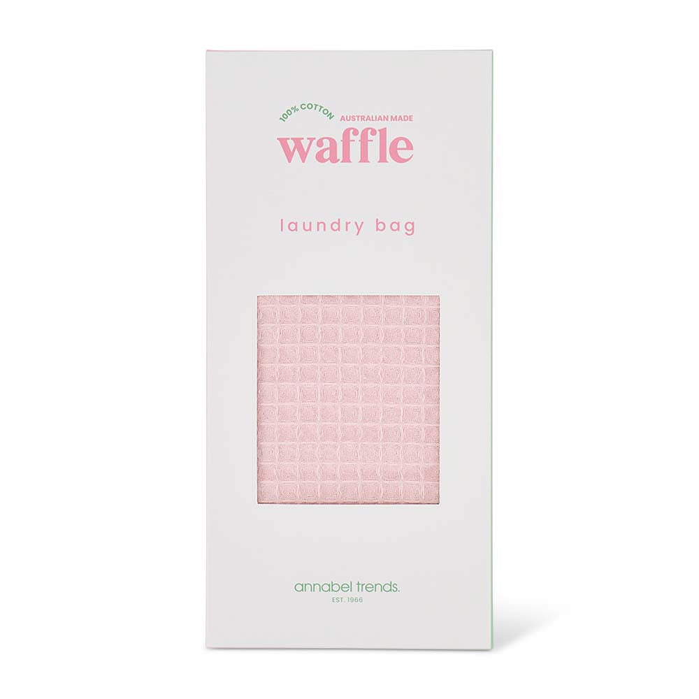 Waffle laundry bag packaging with pink waffle pattern on a white background