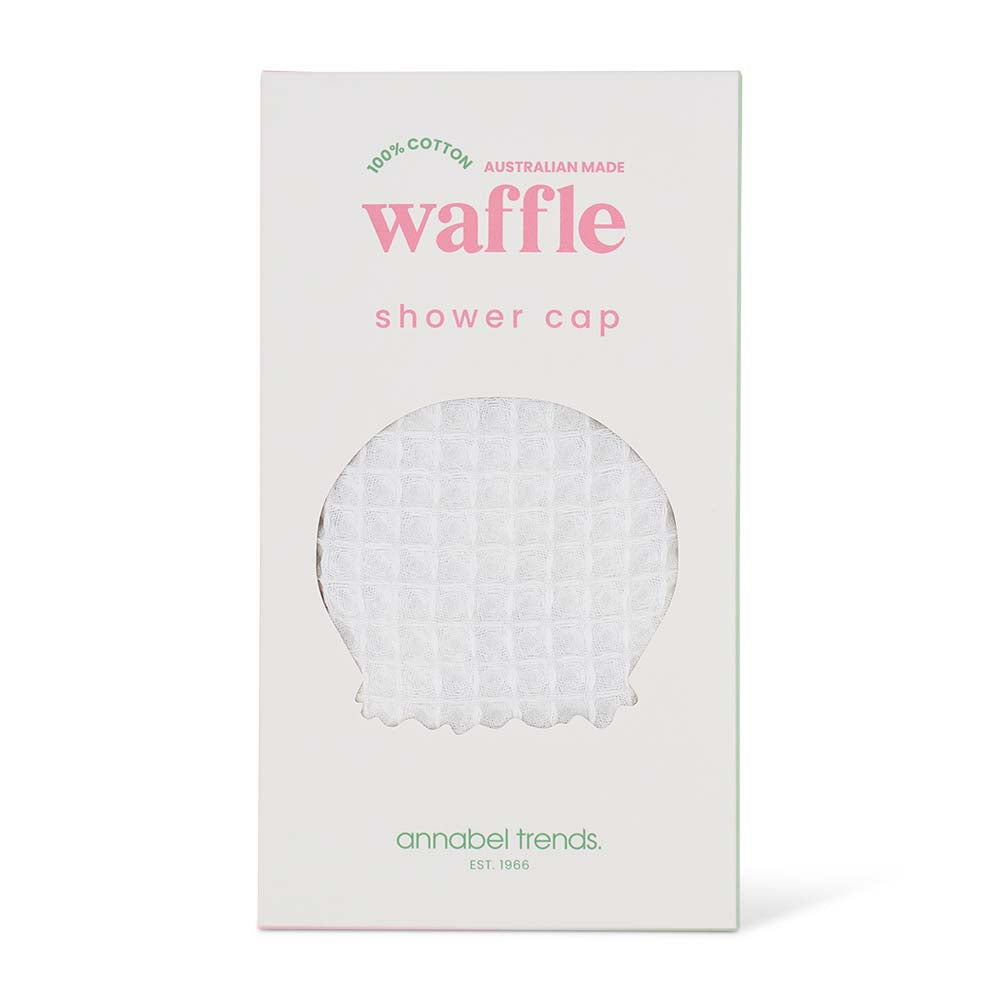 Waffle shower cap packaging with 'annabel trends' branding on a white background