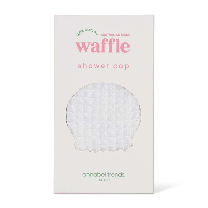 Waffle shower cap packaging with 'annabel trends' branding on a white background