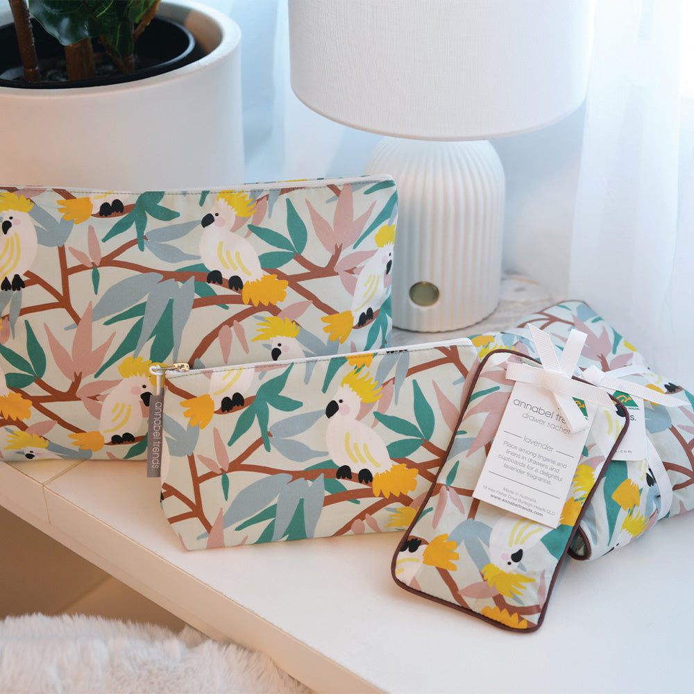 Annabel Trends White Cockatoo Cotton Bathroom range, cosmetic bags, eye rest pillow, drawer sachet and heat pillow