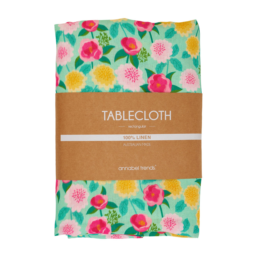 Tablecloth - Linen - Camellias Mint - Medium 138cm x 240cm