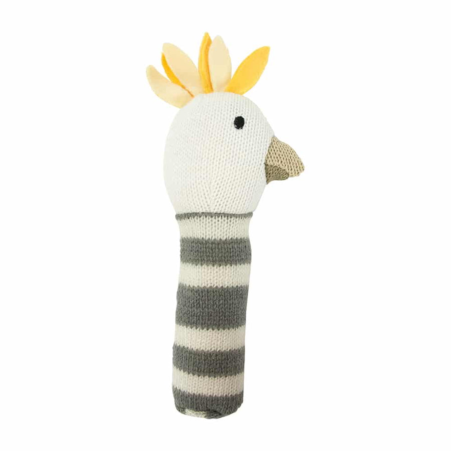 Knitted baby rattle - cockatoo