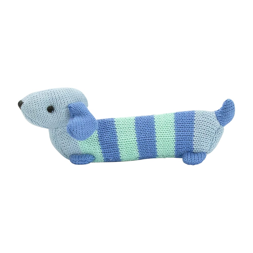 Knitted baby rattle - Daschund blue